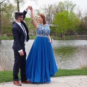Blue Teal Beaded Prom Dress